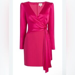 Cinq a Sept 
LAYNE LONG SLEEVE SATIN FAUX WRAP MINIDRESS IN PINK DAHLIA